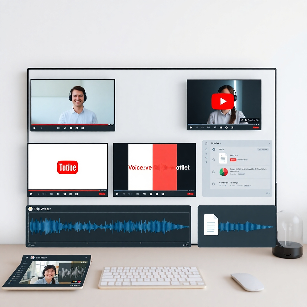 Wall-mounted screens display video calls, YouTube logos, audio waveforms, and workflow tasks. Tablet and keyboard on white desk.