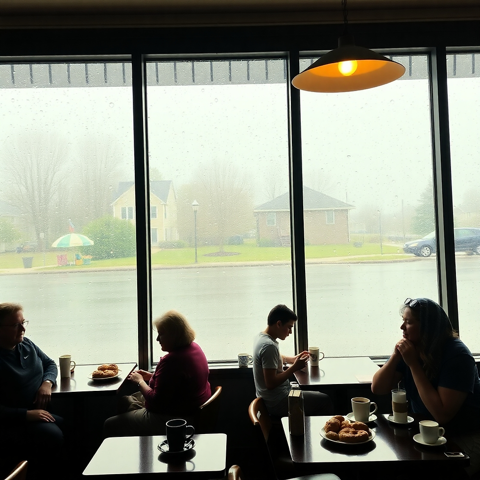 Four people sit at a cafe window on a rainy day, engaging quietly. Croissants, coffee cups, and a glowing lamp add warmth to the scene.