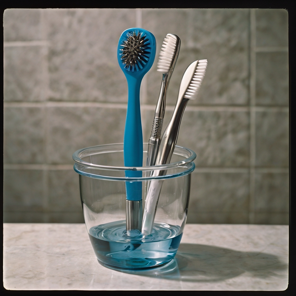 Three toothbrushes in a clear glass on a marble counter; two are silver, one is blue. Background is gray tiles, mood is calm and tidy.