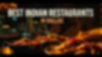 Plates of Indian food on a table with a city skyline at night. Text reads "Best Indian Restaurants in Dallas." Warm, inviting mood.