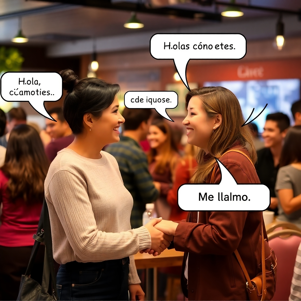 Two women shaking hands and smiling indoors. Speech bubbles show greetings with typos. Busy background with people and warm lighting.