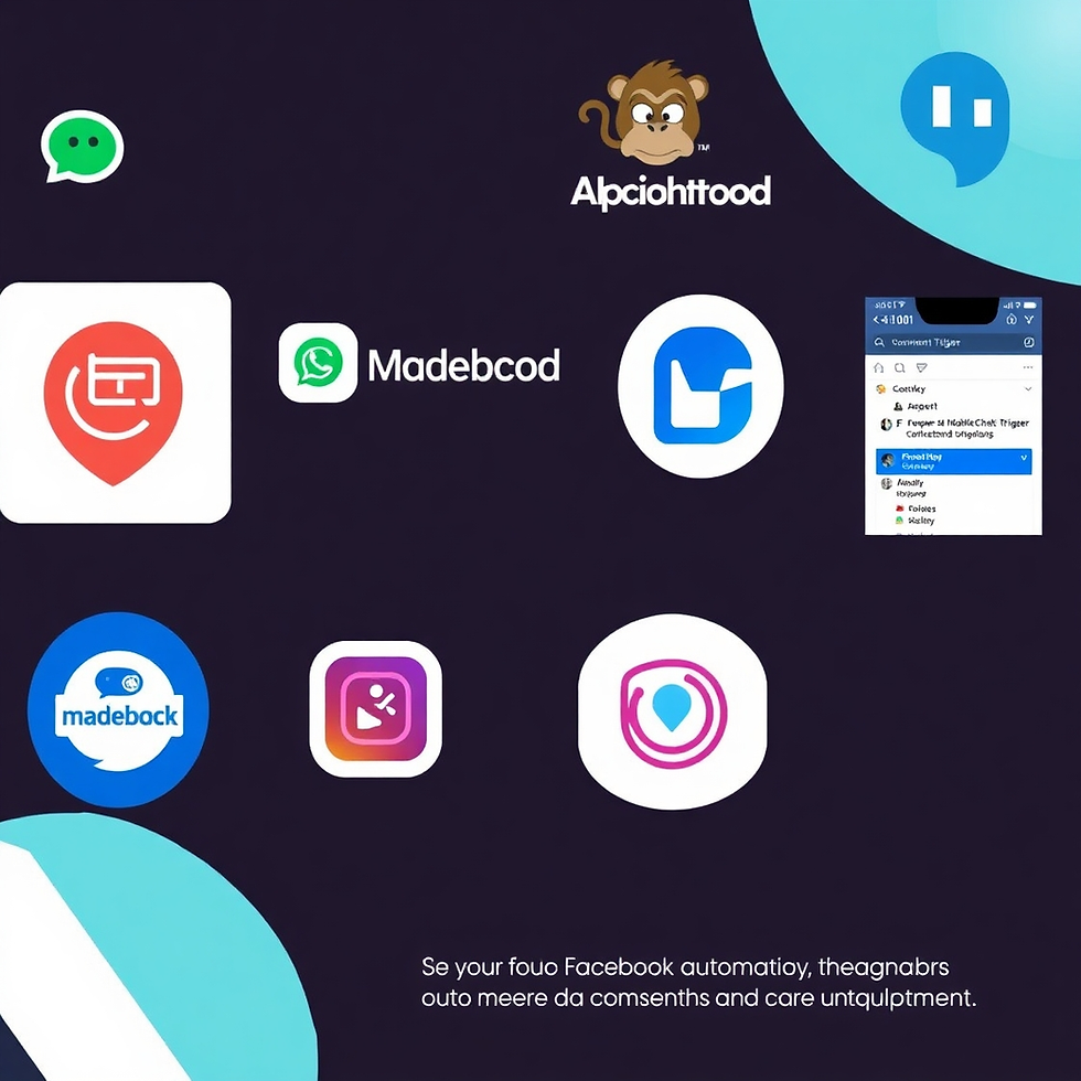 App icons floating on a dark background with playful text and graphics. Features various logos, including a monkey and chat icons.