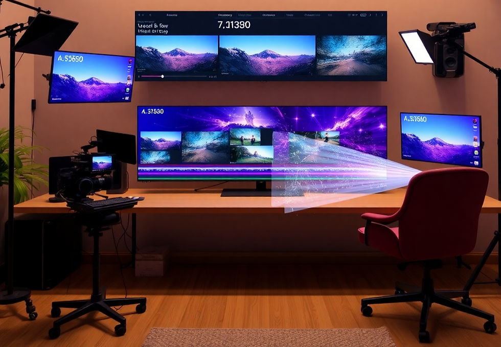 A video editing studio with screens displaying mountain scenes. Text reads "Tracstionas orouce B-roll, Gubouating on theefly." Warm lighting and red chair.