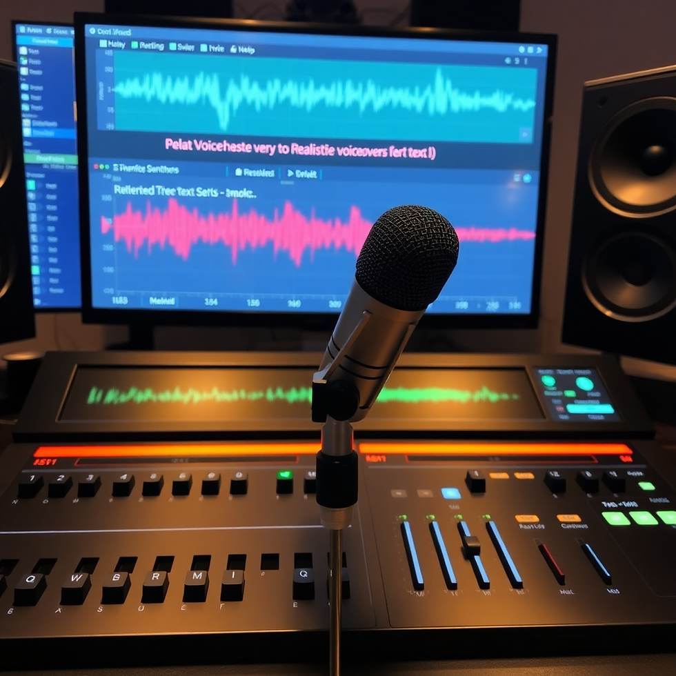 A microphone is in focus in a sound studio. A monitor displays sound waves with text about realistic voiceovers. Audio equipment surrounds it.