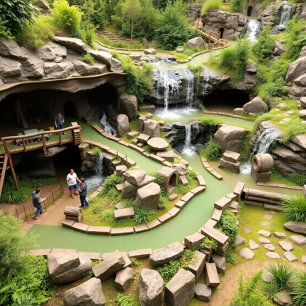 People walk through a green, rocky landscaped area with waterfalls and caves. Paths wind around, creating a peaceful, natural setting.