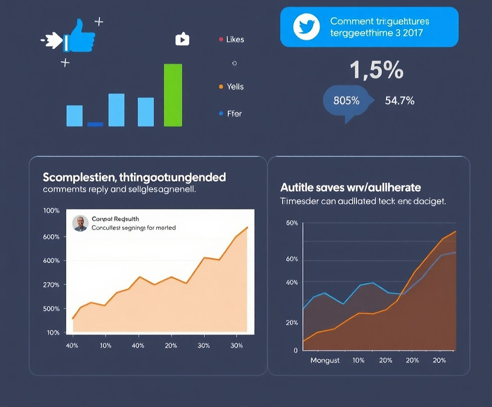 Infographic with bar and line graphs on social engagement. Includes icons for likes, comments, and shares. Blue and orange tones dominate.