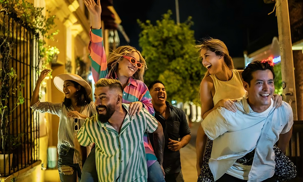 Friends laughing, giving piggyback rides on a lively night street. Bright outfits, joyful expressions, and greenery in the background.