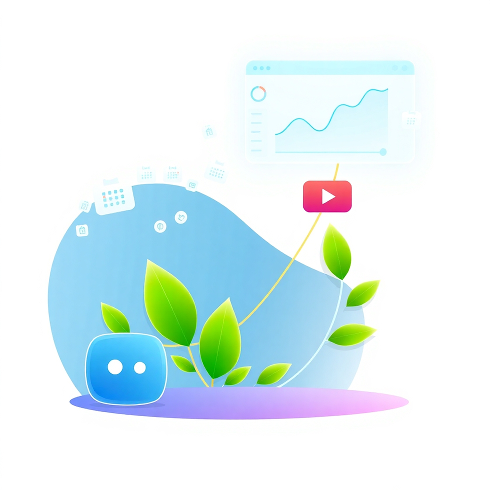 Blue robot with leaves, a growing chart on screen, and a YouTube icon, set against a soft blue background with floating icons.