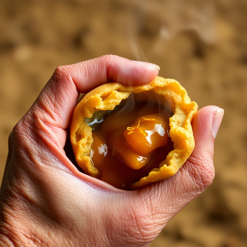 Hand holding a warm, steaming pastry filled with glossy caramel and chunks. Background is blurred brown, enhancing the focus on the pastry.