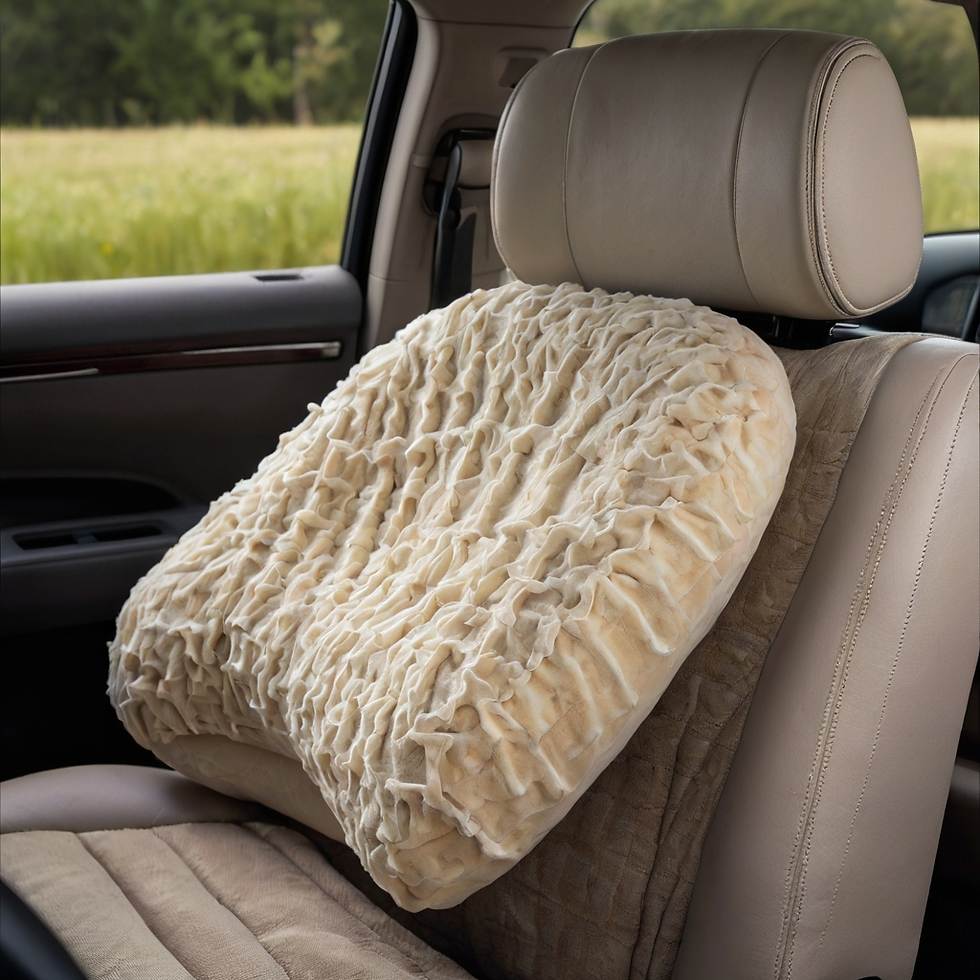 Beige car seat with a textured, plush beige cushion. Background shows green fields through the car window, creating a cozy atmosphere.