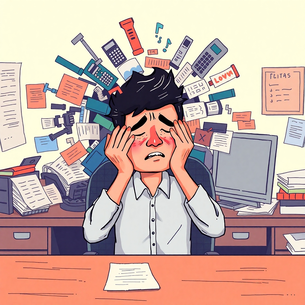 A stressed person in an office holds their face, surrounded by floating papers and calculators. Background includes a computer and notes.