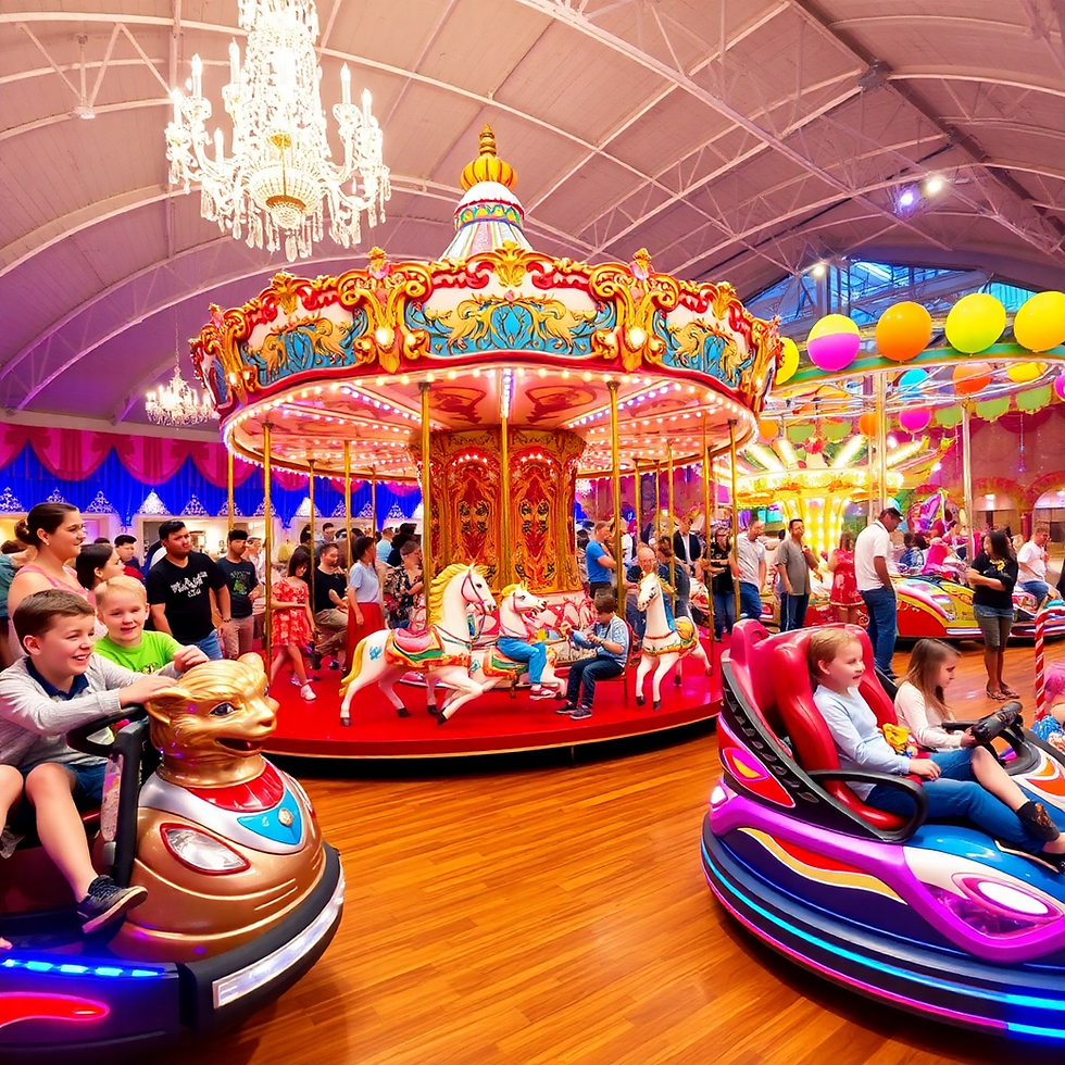 Indoor fairground with kids on colorful bumper cars and carousel. Bright chandeliers and balloons decorate the lively atmosphere.