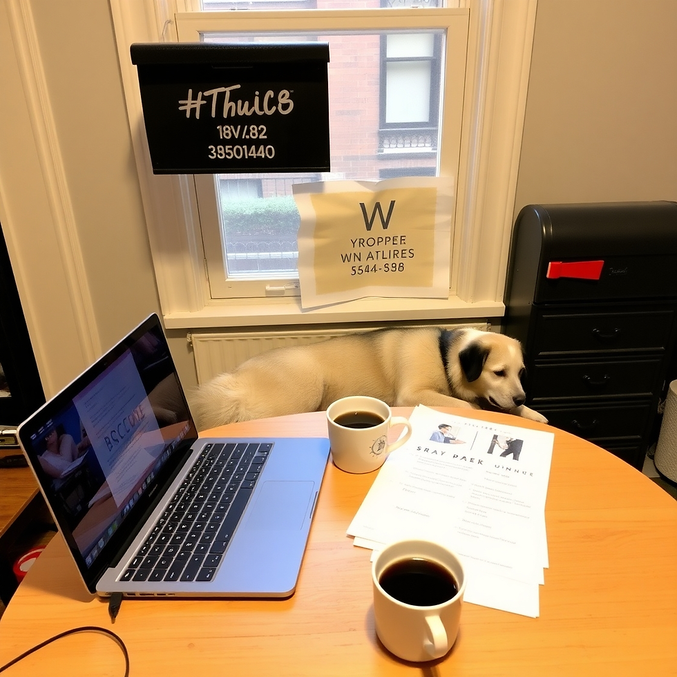 Laptop on a table with coffee, papers, and a relaxed dog. Window with reversed text signs in background, creating a cozy work atmosphere.