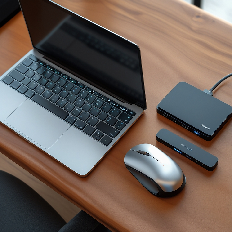 Laptop, silver mouse, two black docking stations on a wooden desk. Calm workspace with a sleek, modern tech vibe.