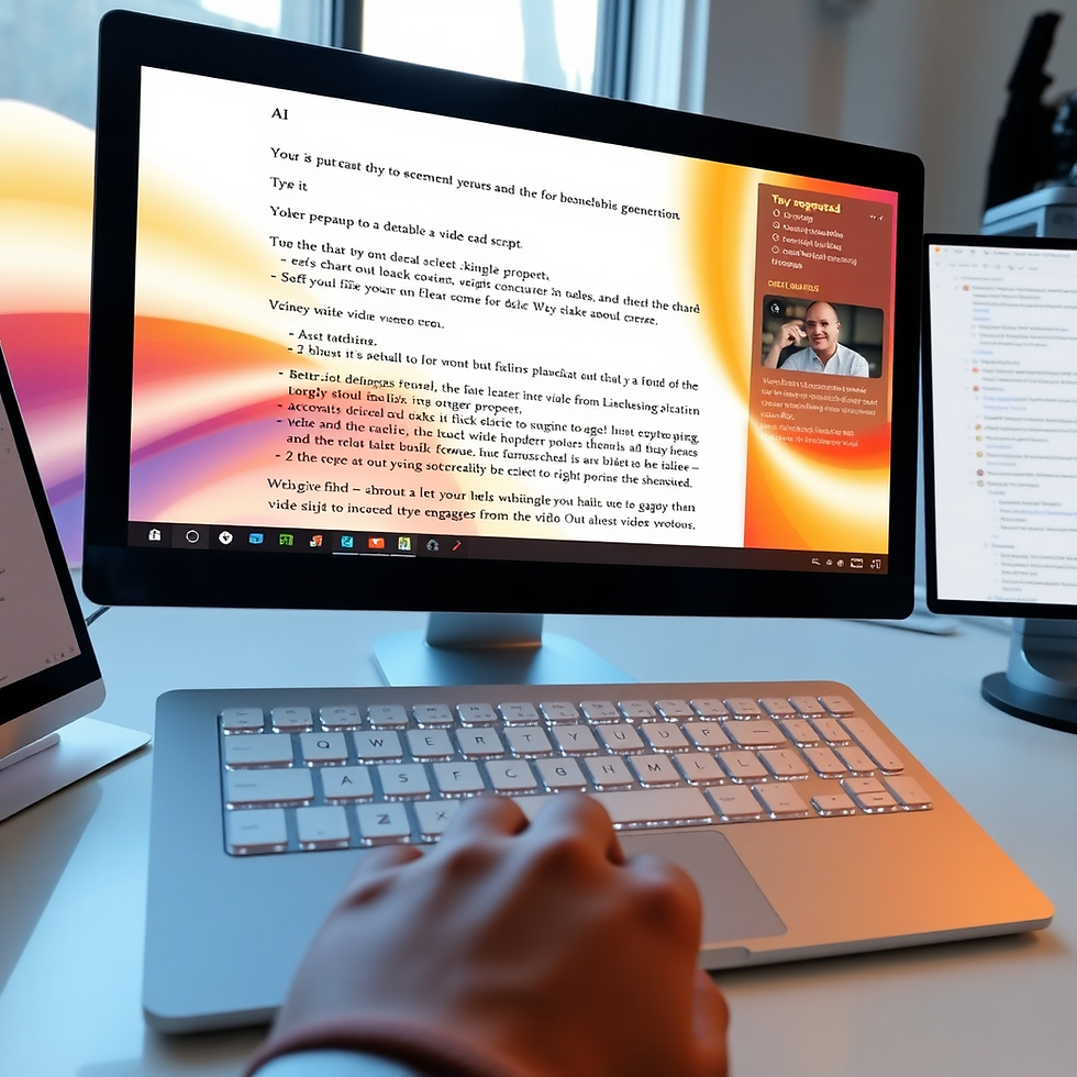 Hand typing on a white keyboard, computer screen showing colorful distorted text, window in background, vibrant orange and pink hues.