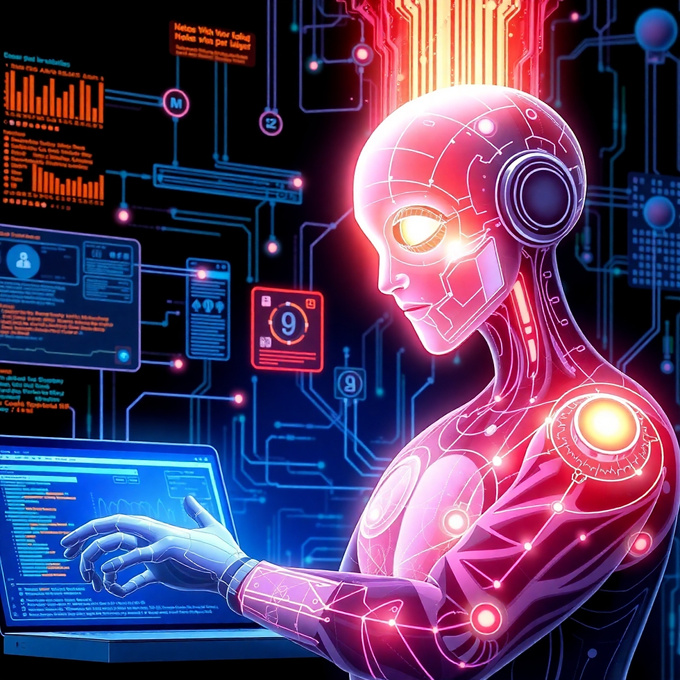 A humanoid robot with glowing circuits interacts with a laptop. Background features digital data graphics in blue and orange, conveying high-tech ambiance.
