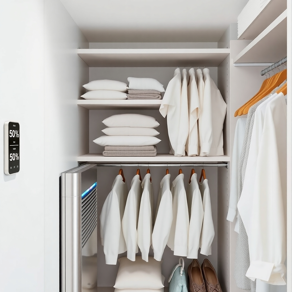 Organized closet with white shirts and sweaters, neatly folded towels, shoes, pillows, and an air purifier. Humidity monitor shows 50%.