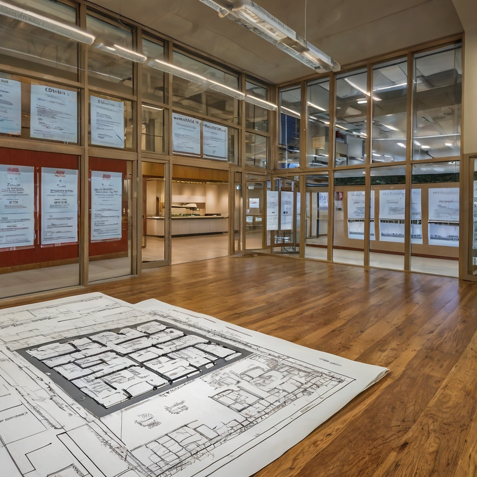 Floor plan on wooden floor in front of glass walls displaying posters. Bright, modern room with overhead lights and a calm atmosphere.