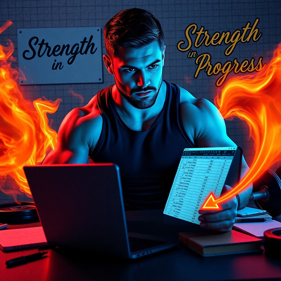Man in black tank top at a desk with a laptop, holding a tablet displaying data. Flaming graphics surround him. Text: Strength in Progress.