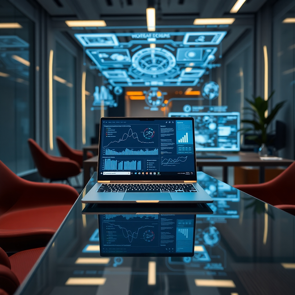 Laptop displaying graphs on a reflective table in a modern office. Futuristic blue digital interface on glass wall, red chairs visible.