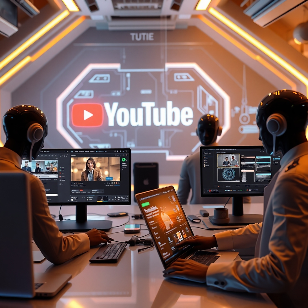 Robots at desks use computers and laptops in a high-tech room with glowing lights. A large YouTube logo is projected on the wall.