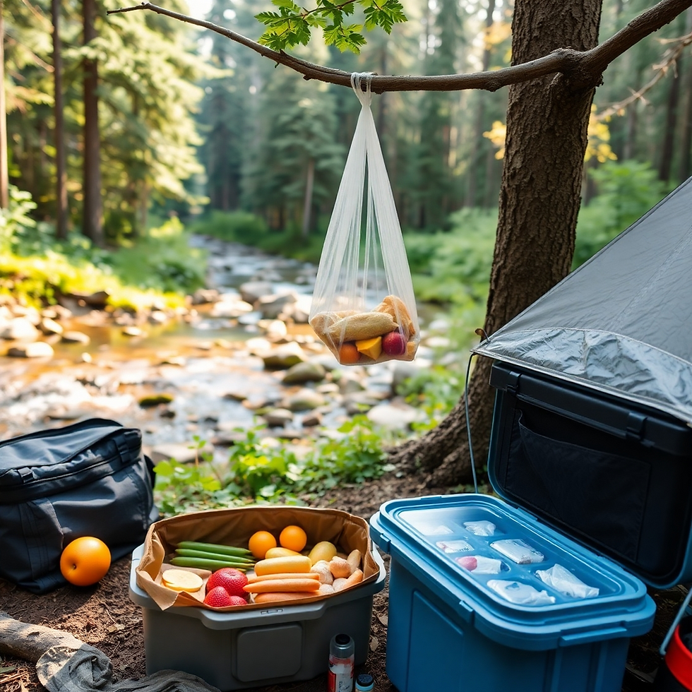 Camping scene by a stream with a bag of fruit hanging from a tree, surrounded by coolers and bags. Green forest in the background.