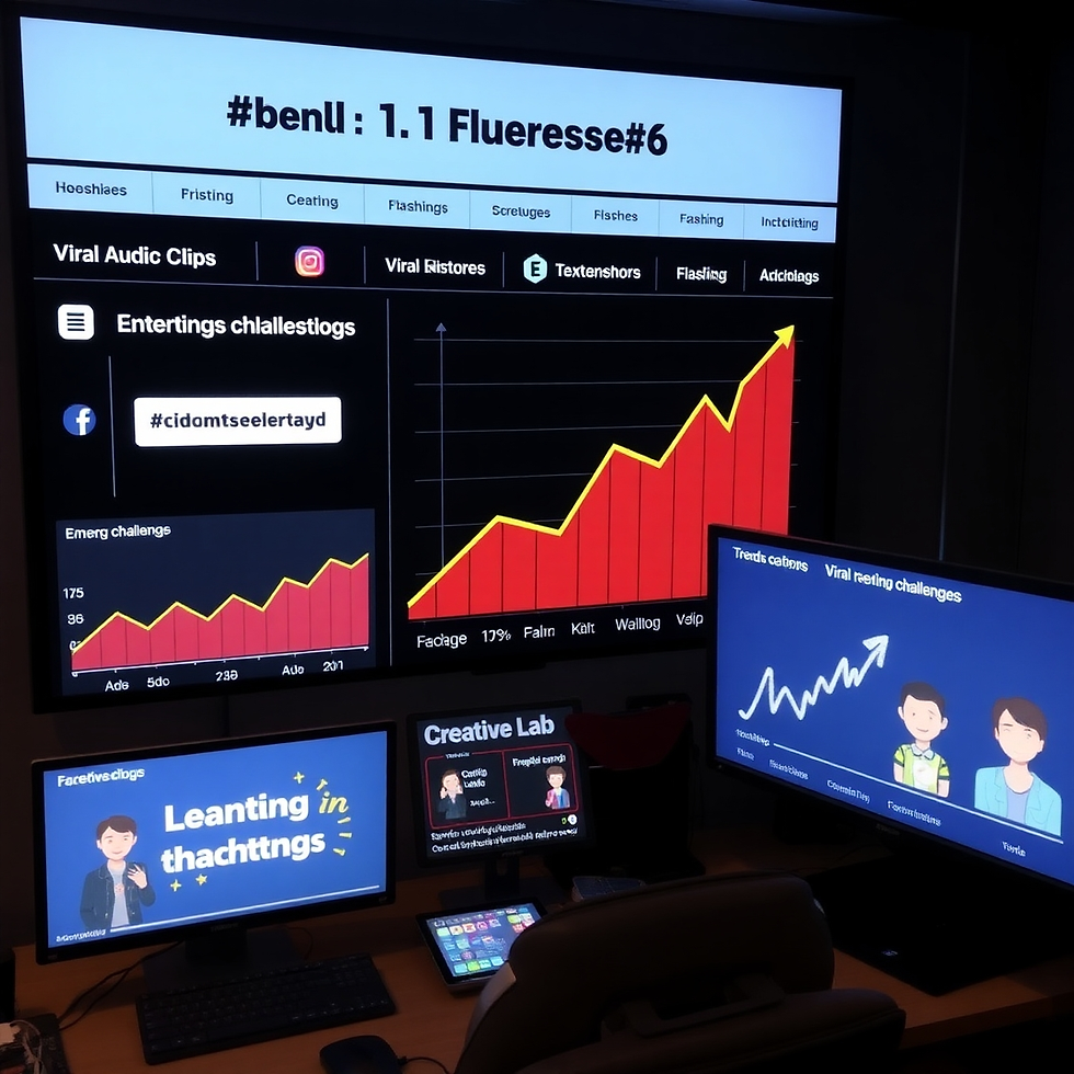 Dark room with four screens displaying charts, cartoon avatars, and phrases like "Leantring in thachttngs." Emphasis on viral trends.