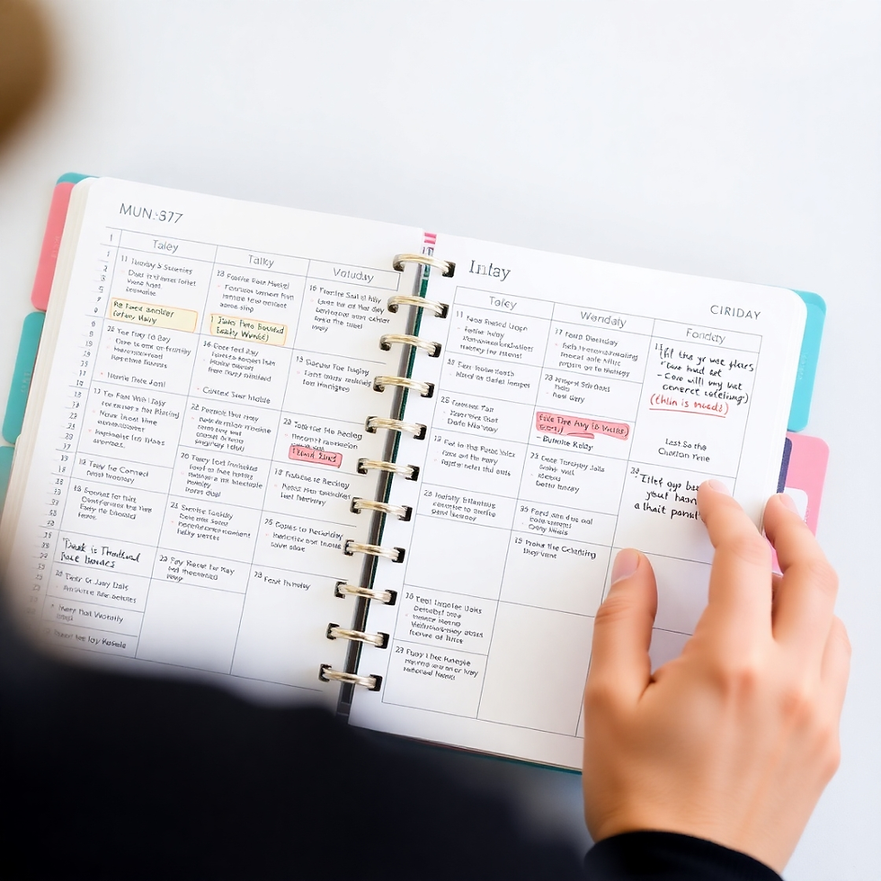 A hand holds an open planner on a white background. Days are labeled "Taley" and "Fonicley," with notes and colored tabs visible.