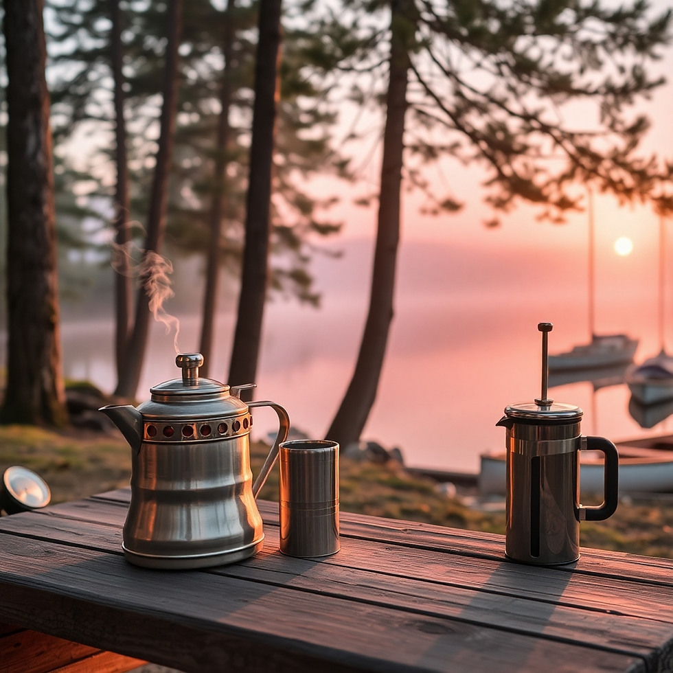 Steaming kettle and French press on a wooden table by a lake at sunrise. Boats and trees in the background, creating a serene atmosphere.