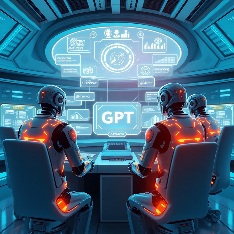 AI robots sit at a control panel in a futuristic room, viewing a screen showing "GPT" and digital analytics. Blue hues and neon lights.