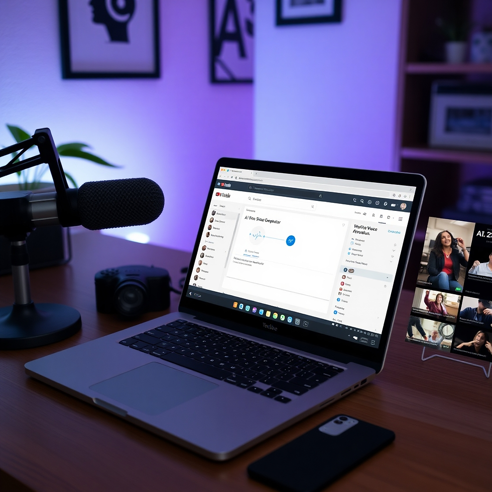 Laptop on desk with YouTube open, microphone, phone, camera nearby. Video call on screen, purple-lit room, framed artwork on wall.