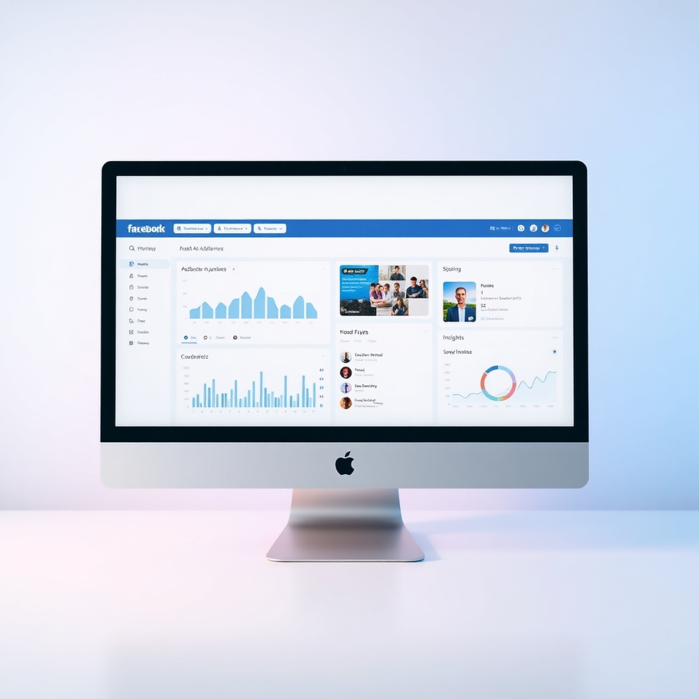 iMac displaying a dashboard with blue data charts and "faketook" logo. White desk and soft blue-lit background create a calm atmosphere.