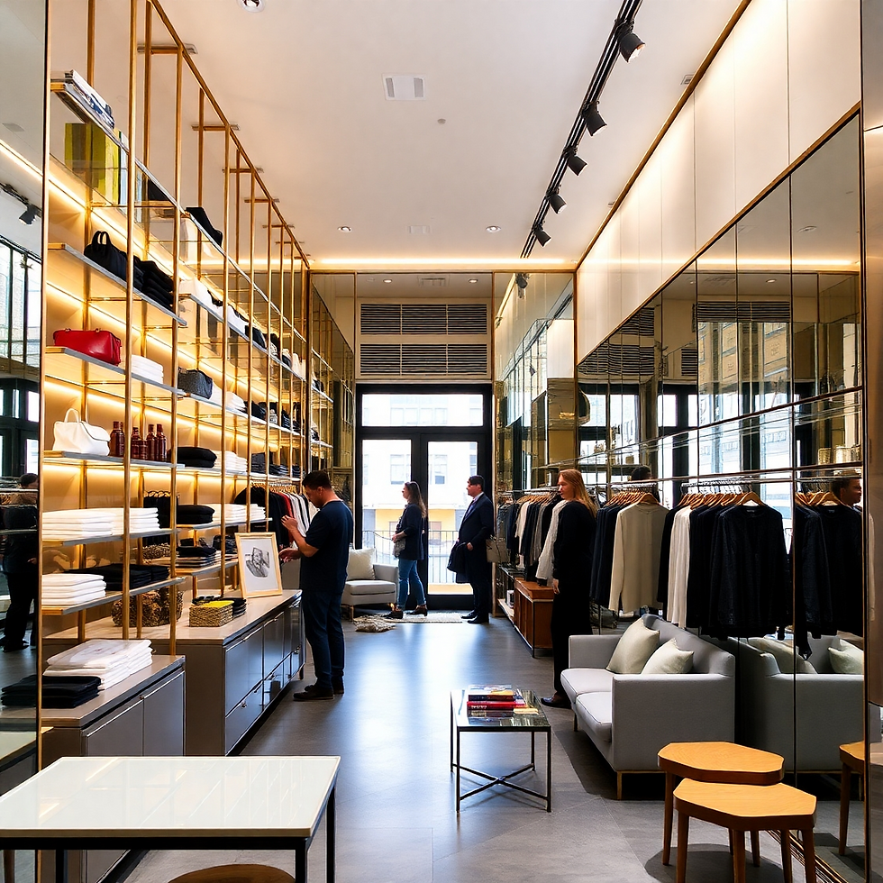 Chic clothing store with people browsing racks and shelves. Modern design, golden shelving, mirrors, and neutral tones create a sleek ambiance.