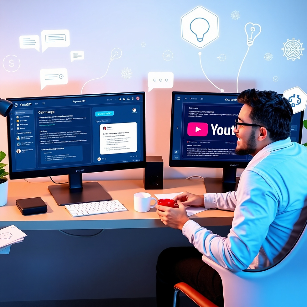 Man in white shirt, glasses sitting at desk with two monitors displaying tech content. Blue background with tech icons. Holding red mug.