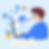 Man in blue using a laptop, surrounded by Facebook logos and graphs, suggesting social media marketing. Light blue background and a small plant.