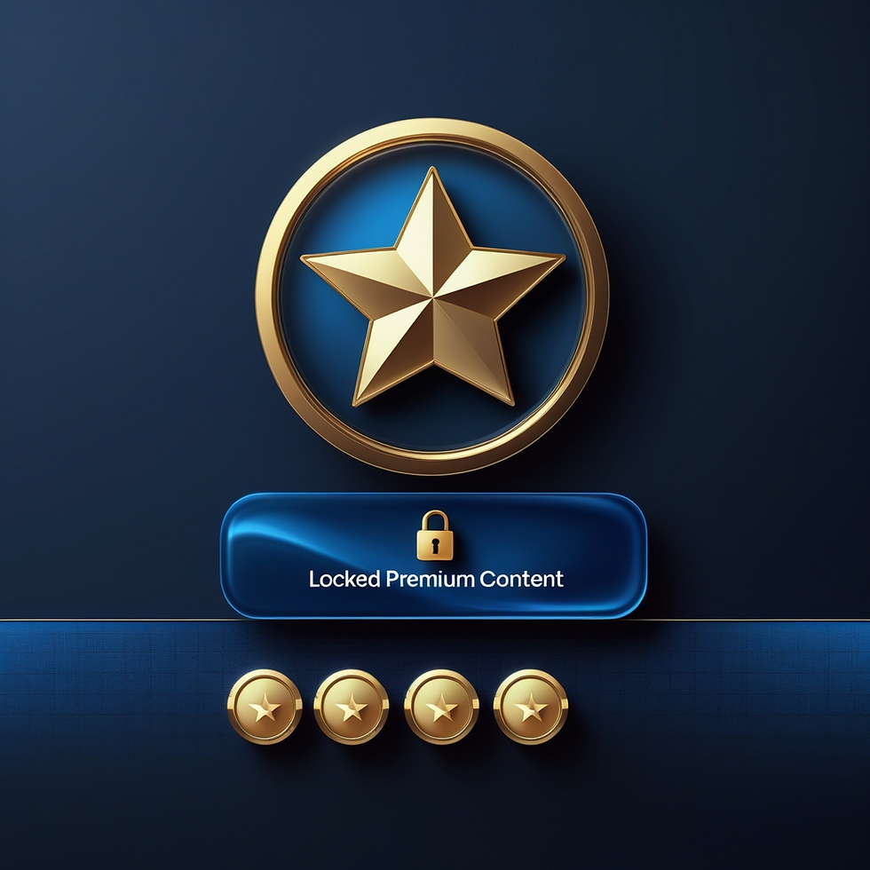 Gold star emblem on dark blue background with "Locked Premium Content" text and lock icon. Four smaller gold stars below.