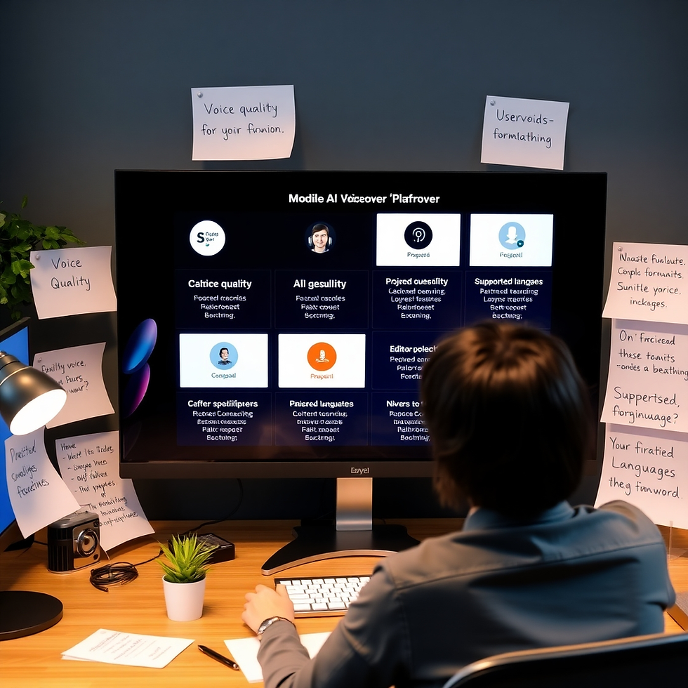 A person at a desk looks at a large monitor displaying voiceover software, surrounded by sticky notes. Warm lighting and office setting.