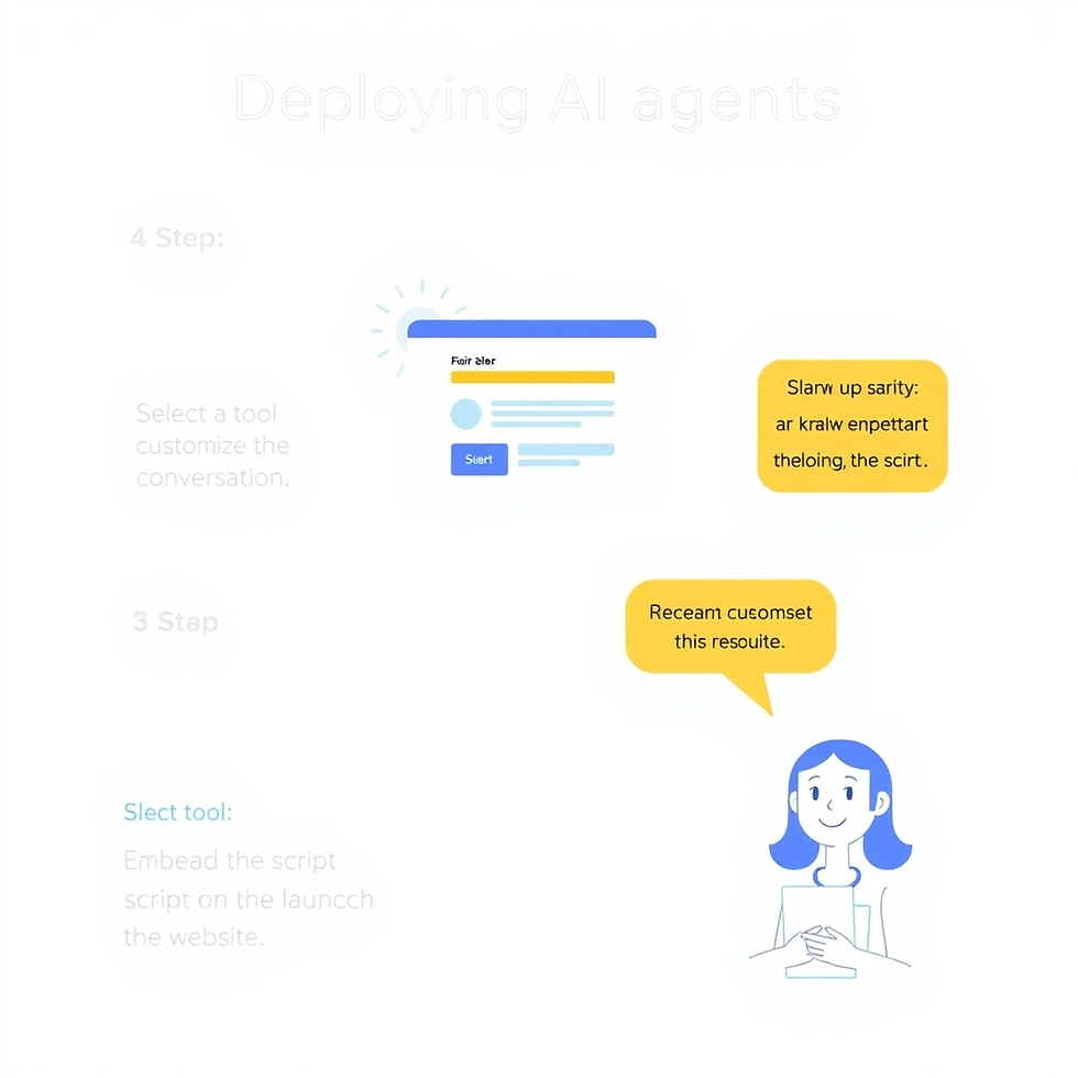 Illustration of a person with blue hair smiling, holding paper. Speech bubbles contain scrambled text. A webpage mockup is shown.