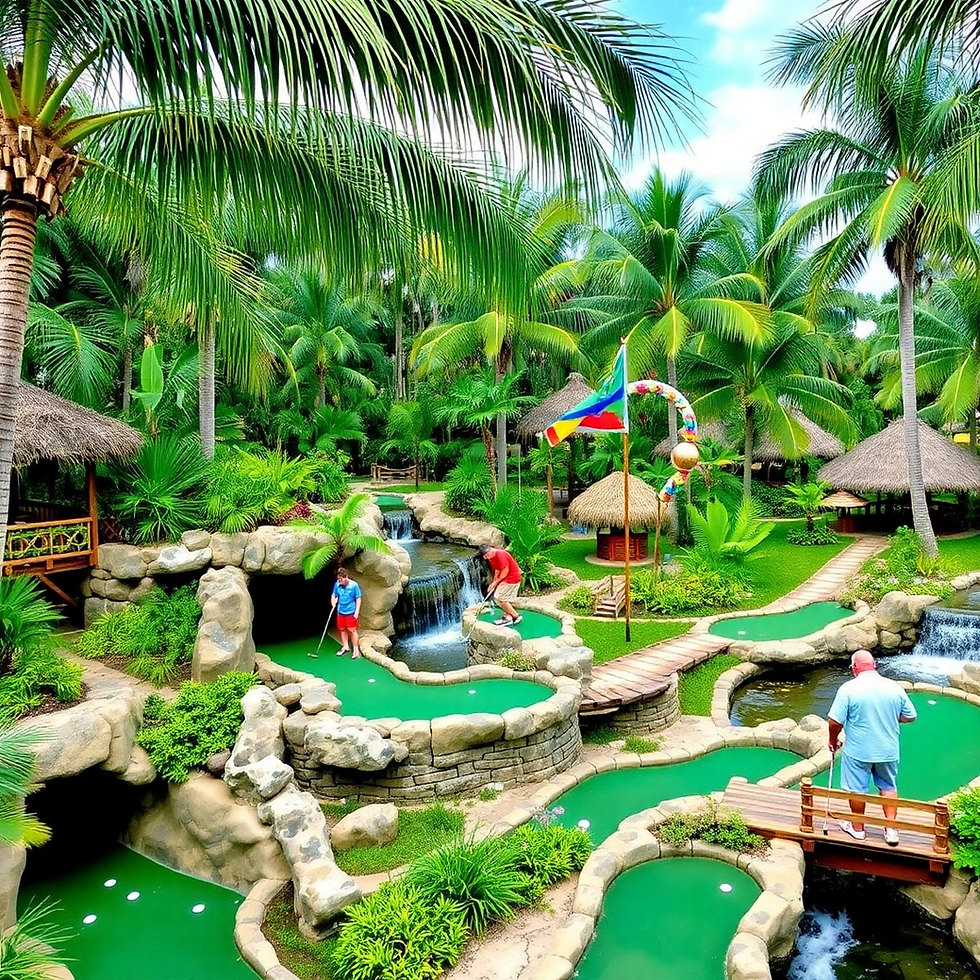 Three people play mini-golf surrounded by lush palms and waterfalls. Colorful flag waves nearby. Bright, tropical ambiance.