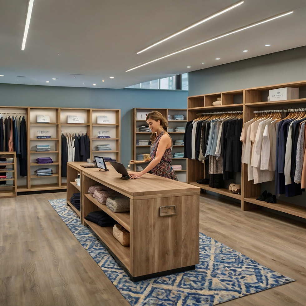 Woman working on a laptop in a modern clothing store. Wooden shelves display various garments. The setting is calm and organized.