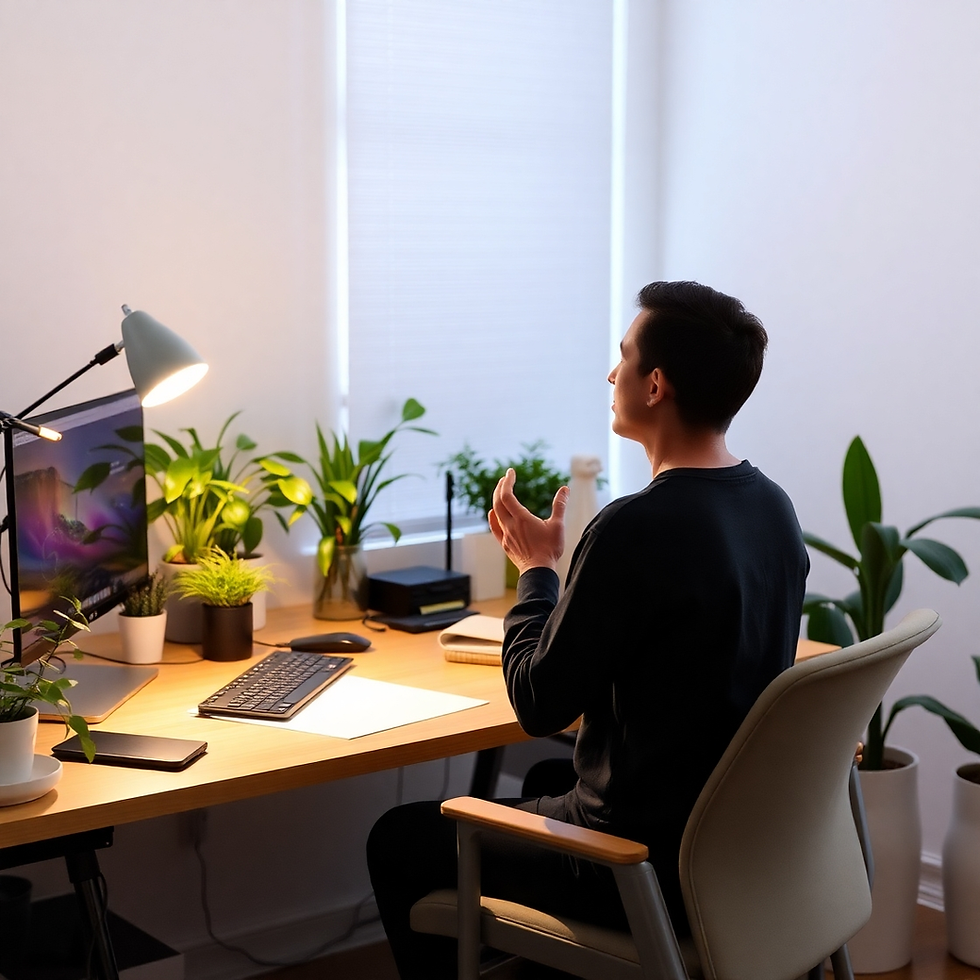 Man seated at a desk with plants, looking serene. He gestures with hands. Desk lamp lit, a computer and blinds in the background. Warm tones.