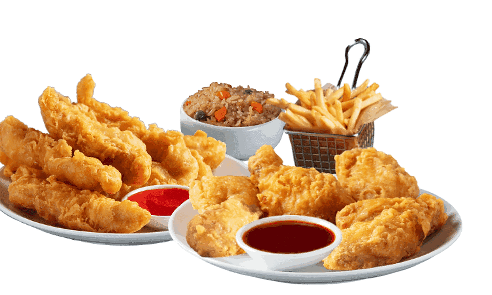 Plates of golden fried chicken, fries in a basket, and rice with veggies. Includes red dipping sauce. Bright, appetizing presentation.