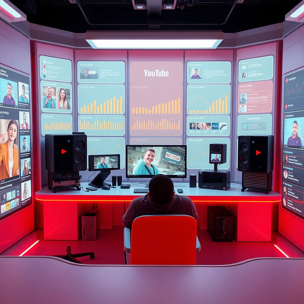 Person sits at a tech setup with multiple screens displaying graphs and social media. Red neon lighting creates a futuristic vibe.
