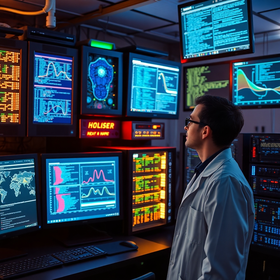 A person in a lab coat observes multiple screens displaying graphs and data in a tech control room. Dark setting, colorful monitors.