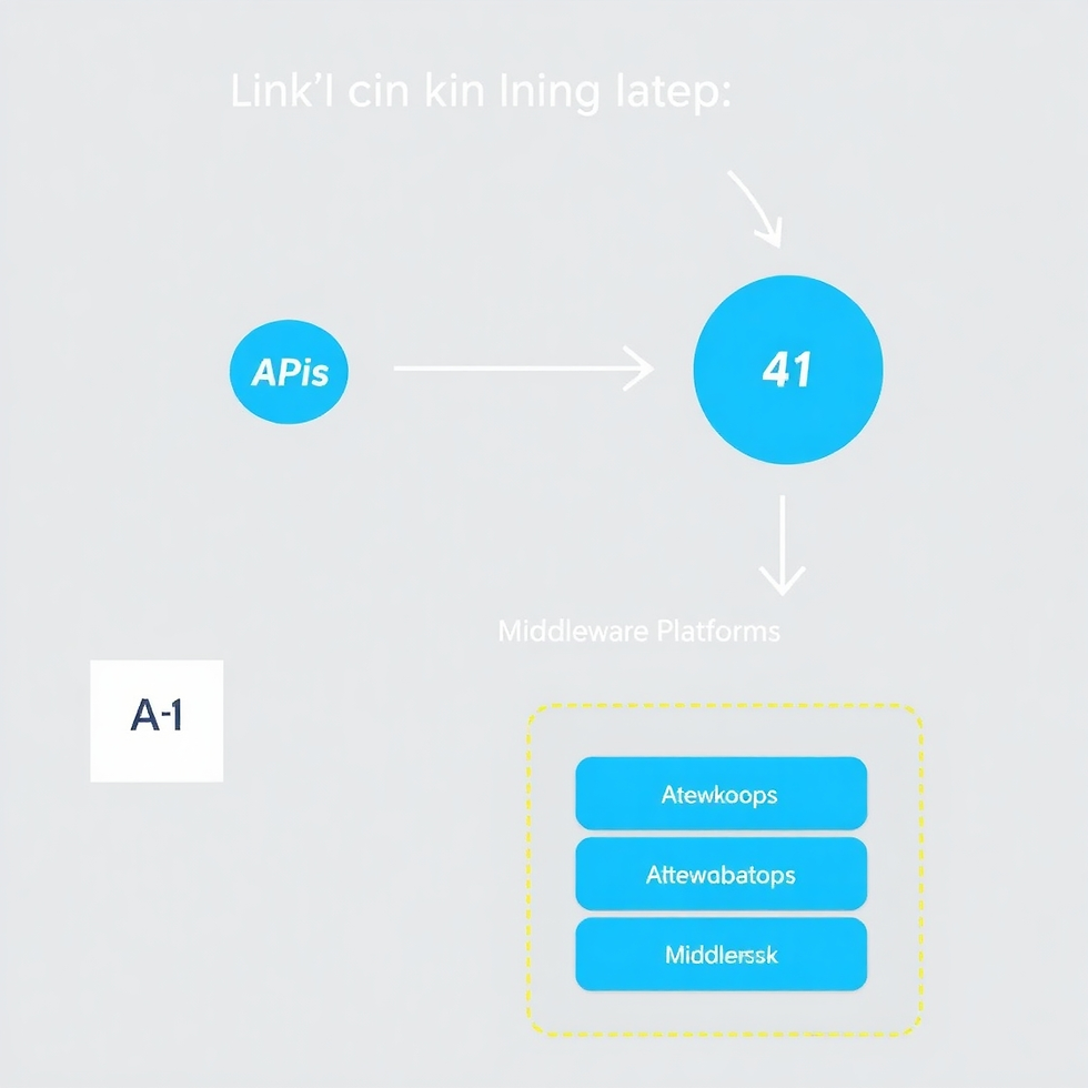 Flowchart on gray background: "APIs" point to "41", which connects to "Middleware Platforms" with boxes labeled "Atewkoops," "Attewabatops," and "Middlerssk."