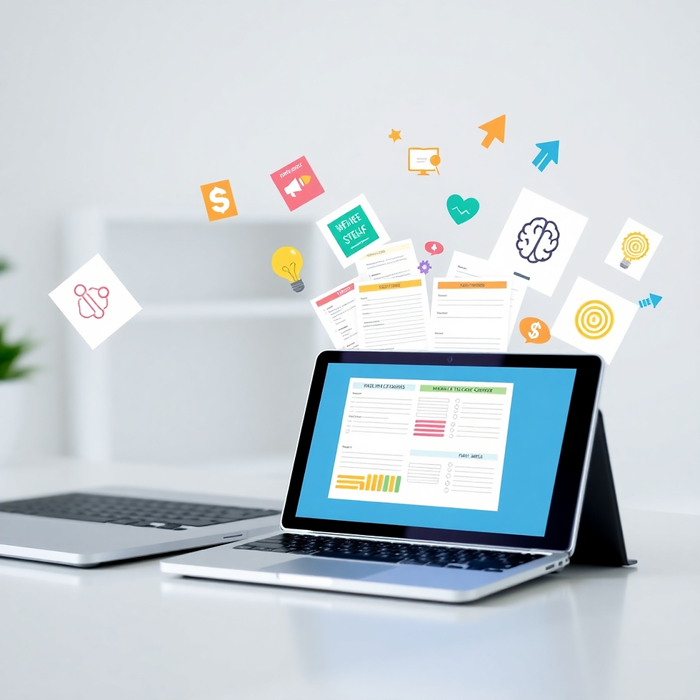 Laptop on desk displaying charts; colorful icons and documents float above. Bright, modern setting, conveying a tech-savvy atmosphere.