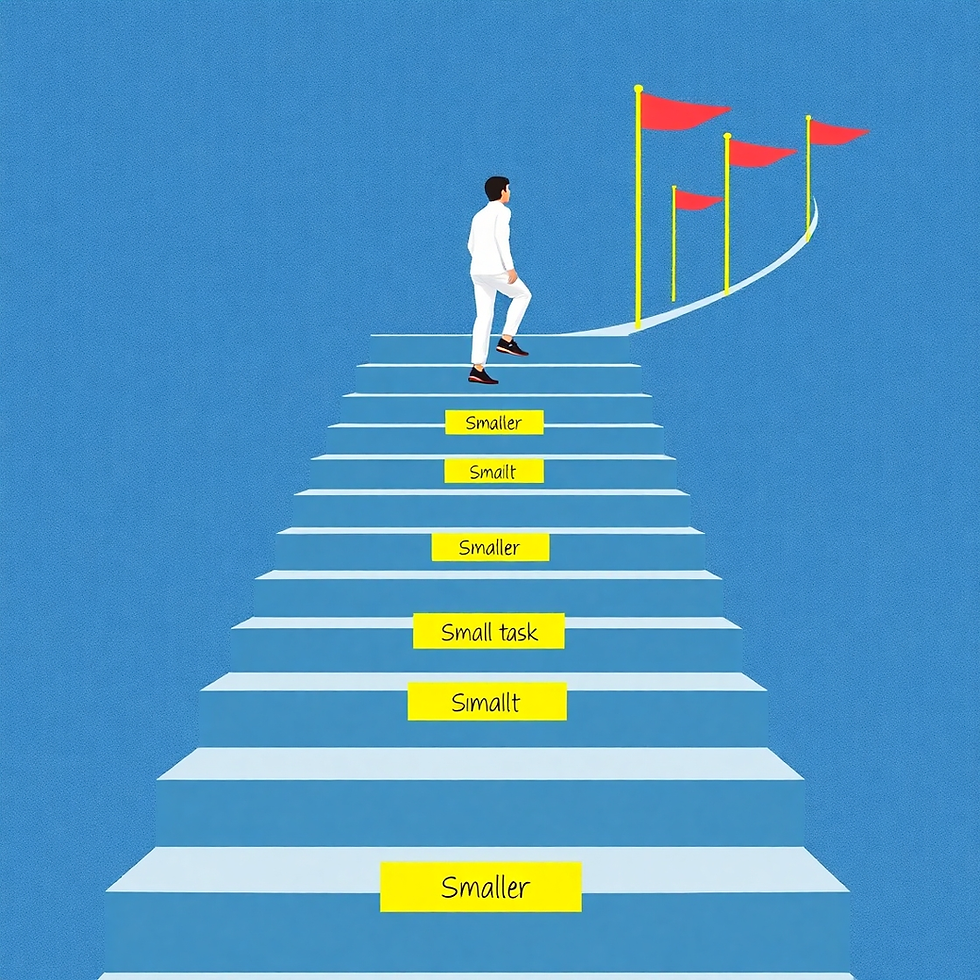 Person climbing blue steps labeled with yellow signs like "Smaller" and "Small task," leading to red flags on a blue background.