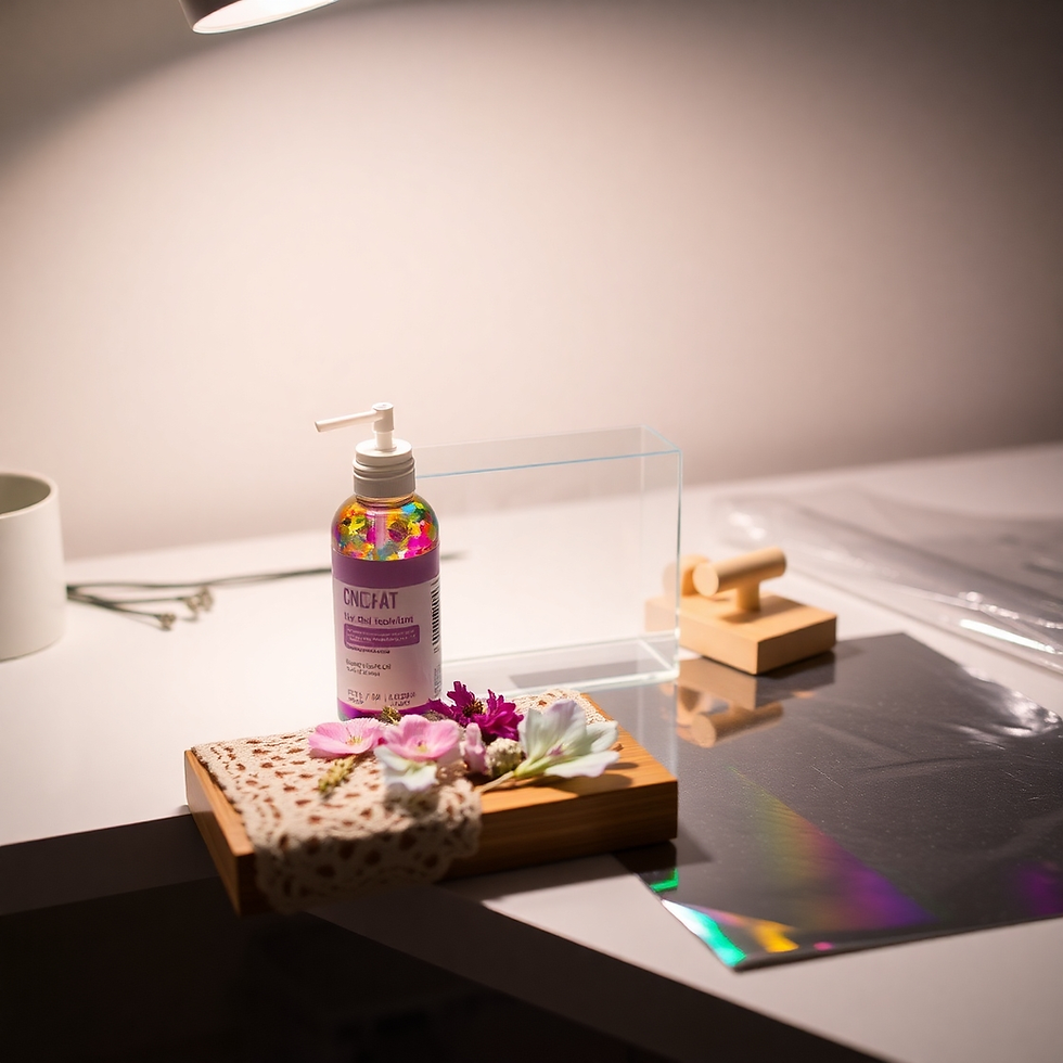Pump bottle with colorful beads, lace, and flowers on a wooden tray. Nearby, a reflective sheet and a cup are on a white desk. Bright lighting.