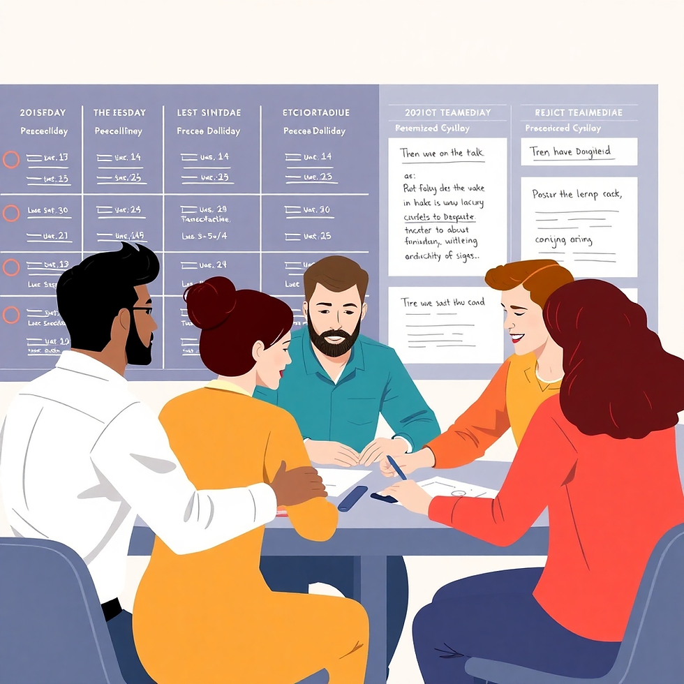 Four people at a table brainstorming with charts and notes on the wall. The room has a collaborative and focused atmosphere.