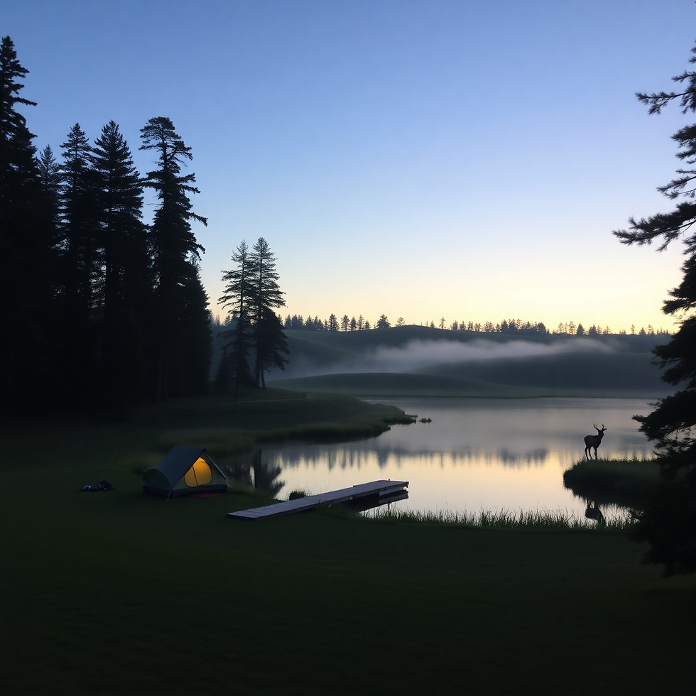 Tent with glowing light by a lake at dawn, surrounded by tall trees. A deer stands by the water, with mist and a clear sky in the background.